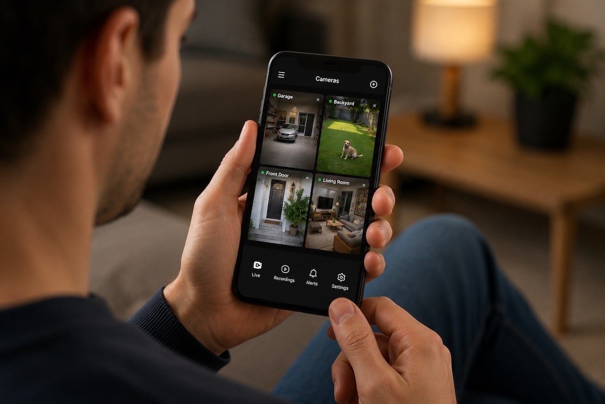 Live view of four camera feeds in the app