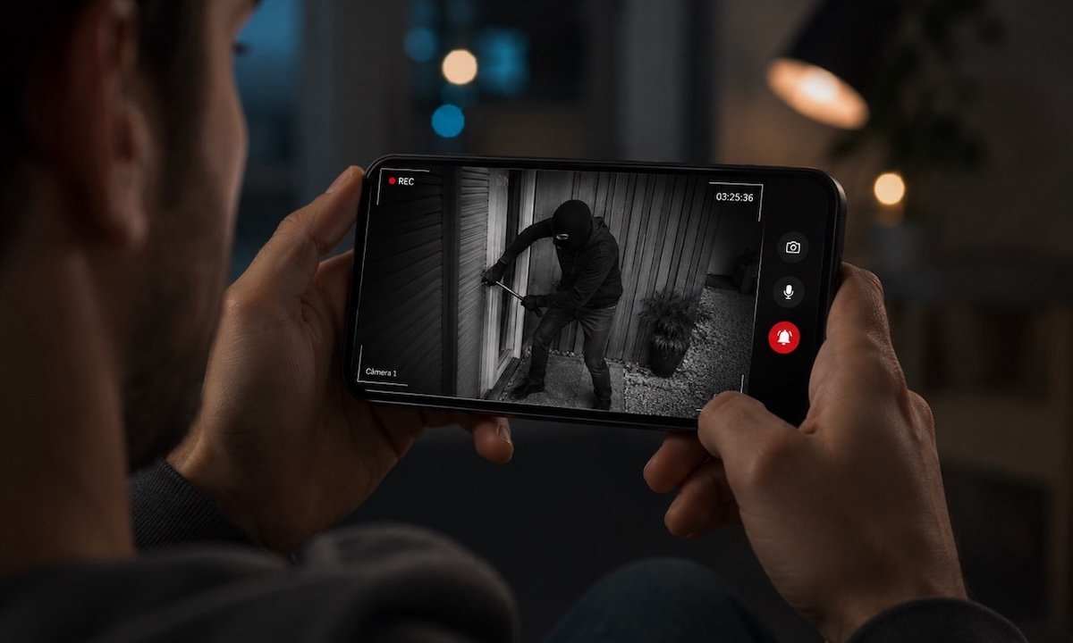 Watching a live security camera alert on a phone at night